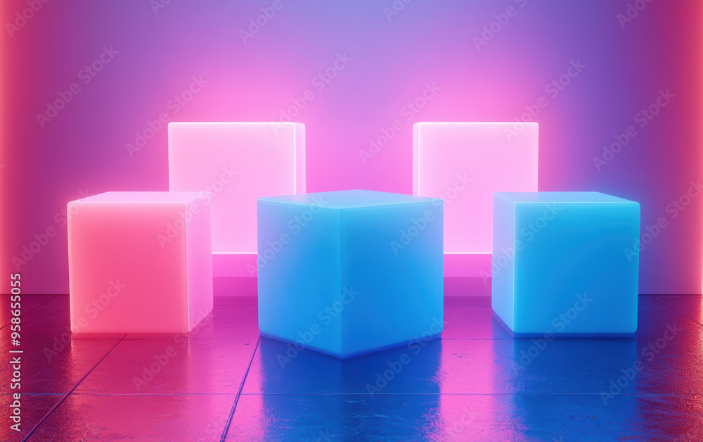 Aufkleber vibrant glowing neon cubes on reflective floor, creating a futuristic and colorful abstract composit