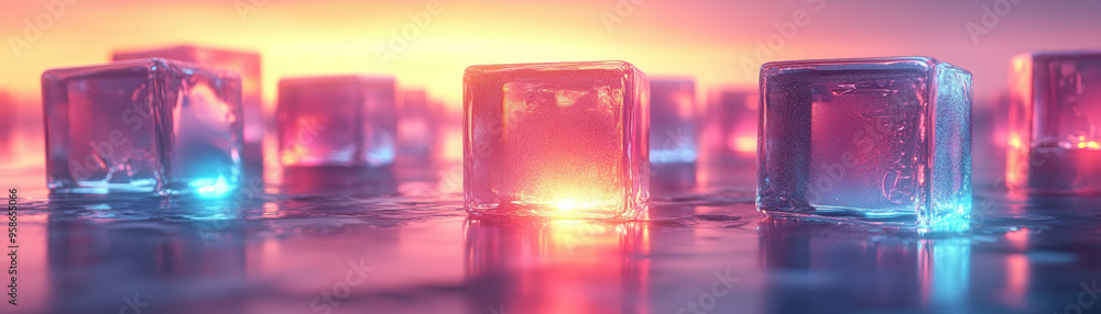 Poster glowing ice cubes on reflective surface at sunset create a vibrant, ethereal scene, blending cold an