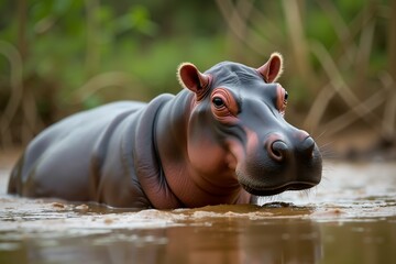 Fototapeta premium Hippopotamus Emerging From Water. Wild Life.