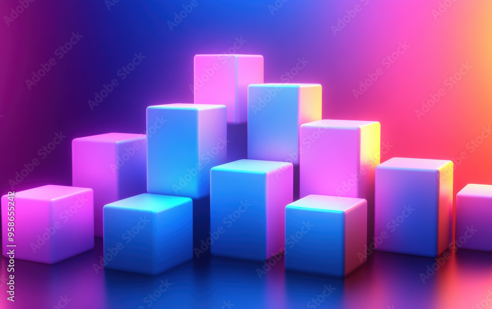 Poster colorful glowing cubes arranged in a geometric pattern on a reflective surface, illuminated by vibra