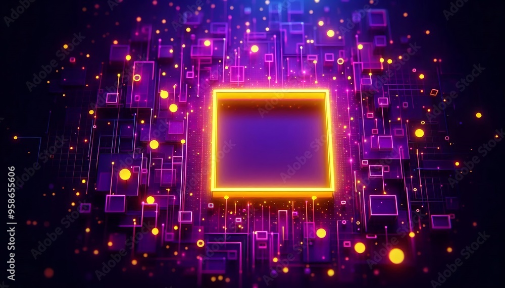 Poster a computer chip with a yellow square in the middle. the square is surrounded by purple squares. the 