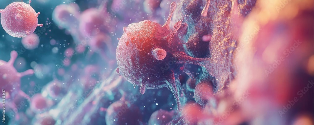 Poster vibrant close-up of cellular structures, showcasing intricate details of microorganisms in a colorfu