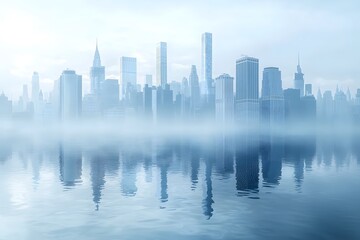 Fototapeta premium Cityscape silhouette reflected in water, misty morning skyline.