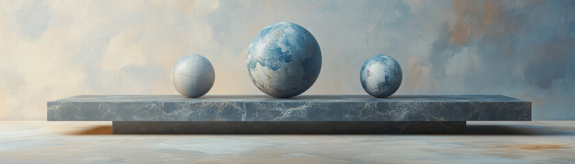 Abstract marble spheres on a stone platform against a painterly background, showcasing a blend of art and geometry in a serene setting.