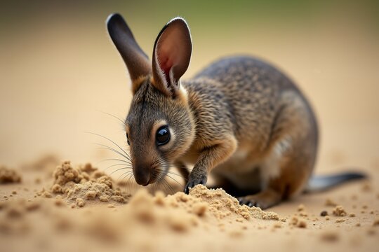 Curious Sand  Rabbit Digging in the Sand. Wild Life.