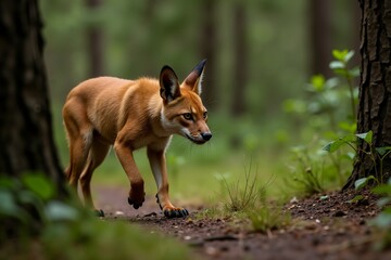 Red Fox Walking Through Forest. Wild Life.