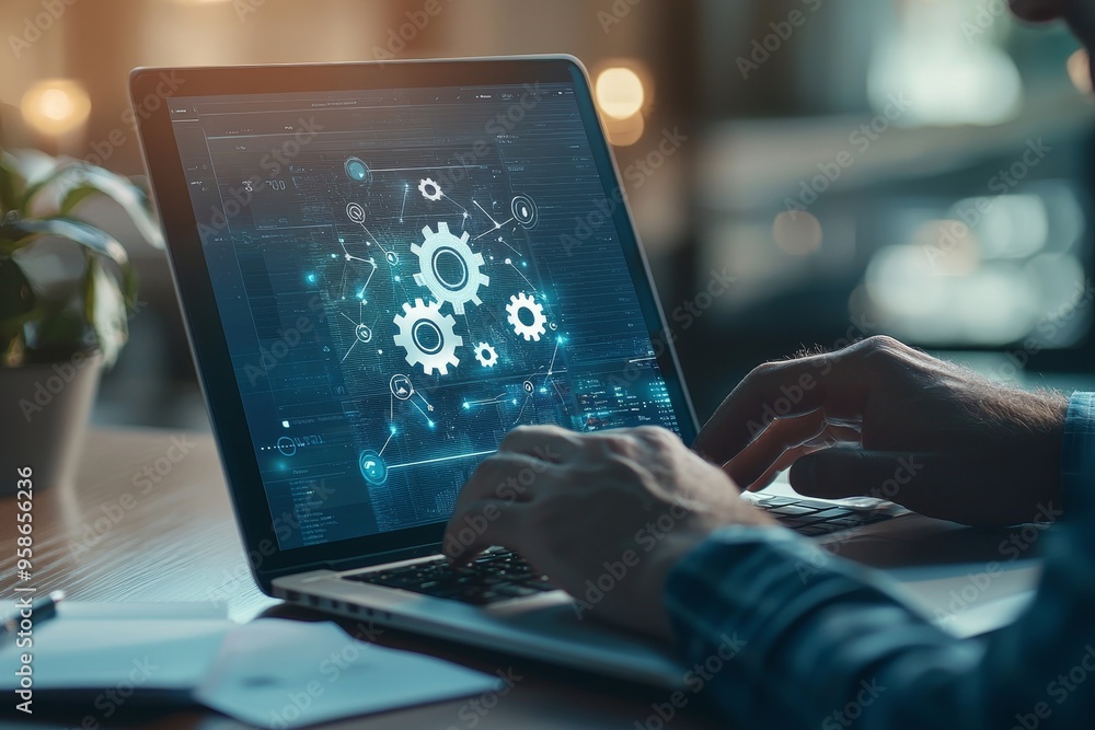 Poster Concept of automatic workflow optimization using a laptop. A businessman uses the laptop with an automation icon on the virtual screen.