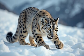 Fototapeta premium Snow Leopard Walking in the Snow. Wild Life.