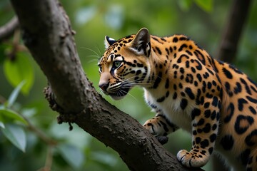 Fototapeta premium Ocelot on a Tree Branch in a Lush Green Forest. Wild Life.