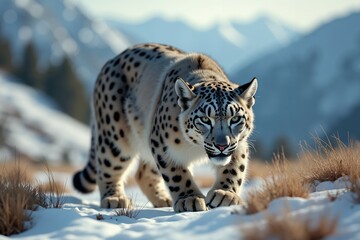 Fototapeta premium Majestic Snow Leopard in a Snowy Mountain Landscape. Wild Life.