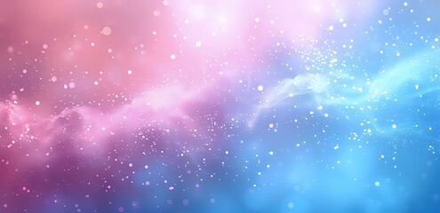 A dreamy abstract background with soft transitions between pink and blue hues, filled with sparkling particles and a misty texture, perfect for creative projects or designs.