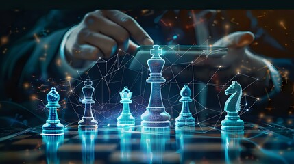  futuristic chess game with glowing digital chess pieces representing strategy and innovation. The player's hand hovers over the board, symbolizing decision-making and strategic planning in a digital