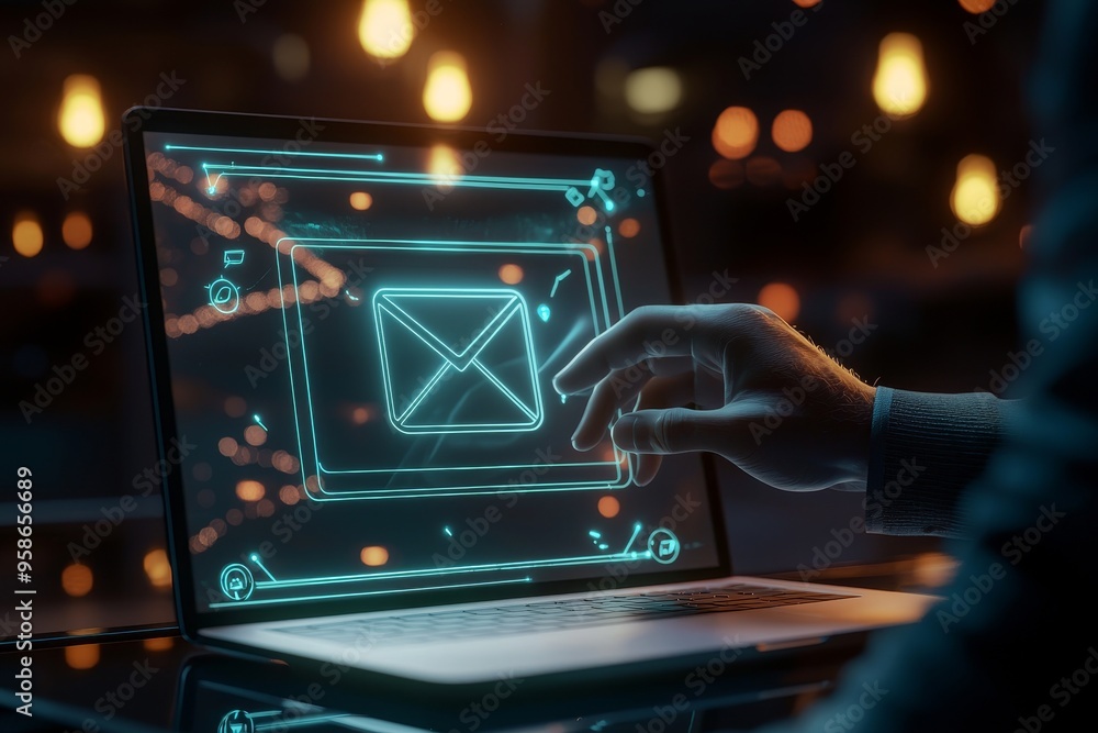 Poster marketing or newsletter concept, diagram. businessman uses laptop to send bulk documents via email. 