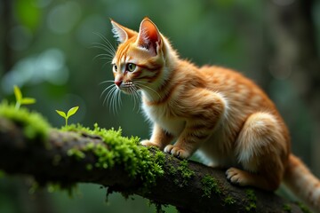 Ginger Kitten Perched on a Branch in a Lush Forest. Wild Life.