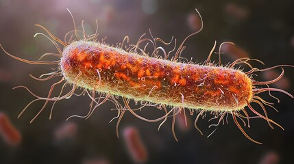 A highly detailed and realistic close-up of this bacteria: **Escherichia coli O157:H7** - A pathogenic strain of E. coli causing severe foodborne illness.