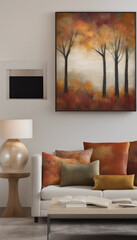 a modern living room wall with an autumn-themed painting of bare trees against a warm, fiery backdrop. Below the artwork, a white sofa adorned with orange and brown pillows complements the painting’s 