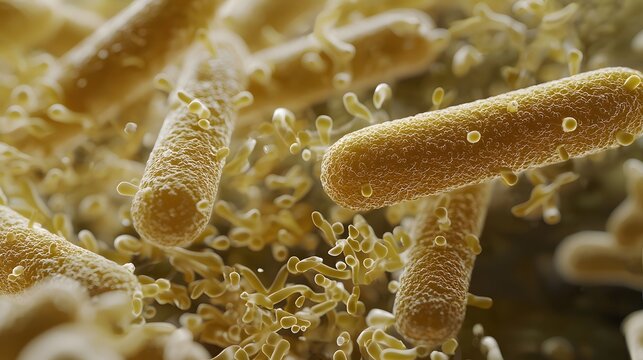 A highly detailed and realistic close-up of this bacteria: **Escherichia coli O157:H7** - A pathogenic strain of E. coli causing severe foodborne illness.