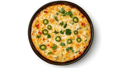 Cheesy jalape&ntilde;o and herb pizza top view on white background