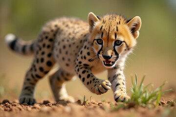 Fototapeta premium Cheetah Cub Running Towards the Camera. Wild Life.