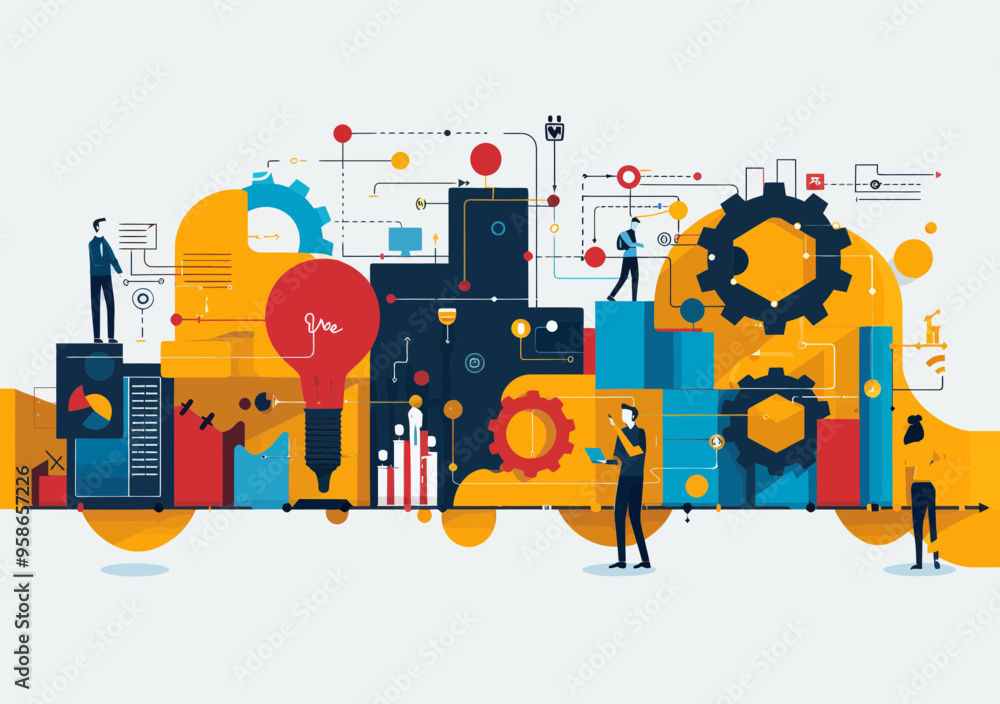 Poster collaborative business solution concept with people and gears in minimalistic vector illustration