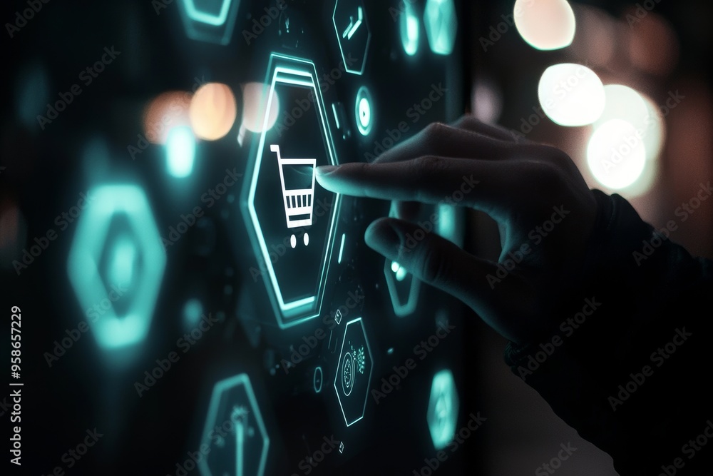 Poster an ecommerce business concept with an online shopping cart icon on a virtual screen. purchases onlin