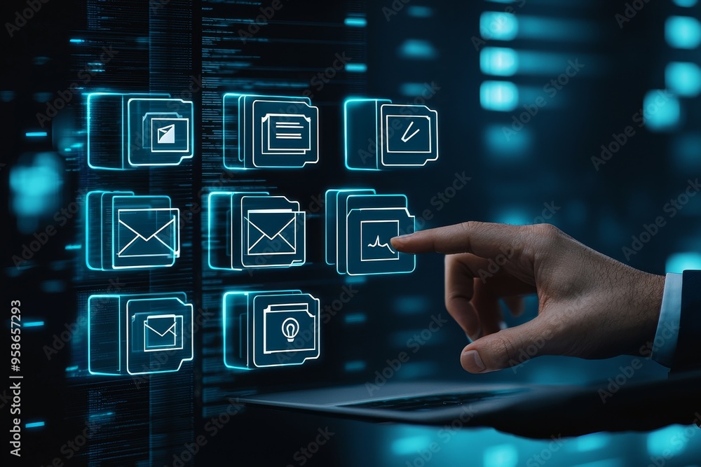 Poster The document management system (DMS) technology allows businessmen to store files digitally by using a laptop with an online database folder. The file management process is secure because the files