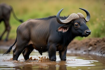 Obraz premium Wild African Buffalo Bull Wading in Water. Wild Life.