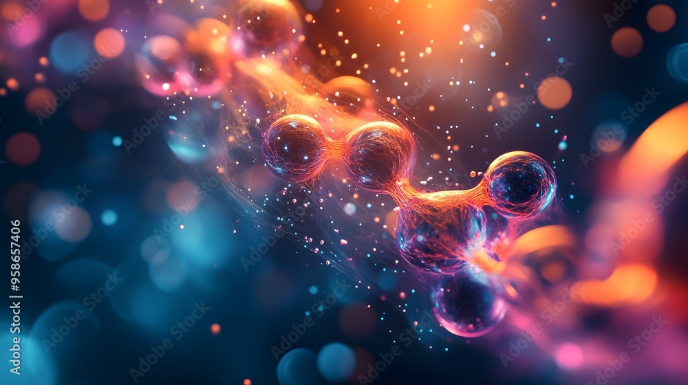 Poster 63. elegant image of a nutrient molecule with dynamic, swirling atomic fields and glowing effects