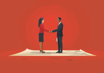 Business Agreement Concept - Two Professionals Shaking Hands on Signed Contract, Minimalistic Vector Illustration of Business Deal, Partnership, Uniforms, and Professionalism in Business Setting