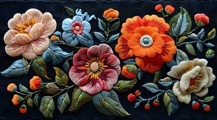richly detailed floral pattern with vibrant blossoms in shades of orange, red, blue, and white, set against a dark background. This design exudes a vintage, embroidered aesthetic, perfect for use