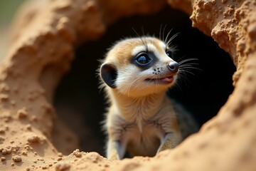 Fototapeta premium Curious Meerkat Pup Peeking From Burrow. Wild Life.