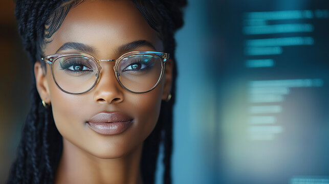 A close-up portrait of an African female tech student, her natural hair styled in a puff, looking confidently into the camera, with coding symbols reflected in her glasses, tech, e