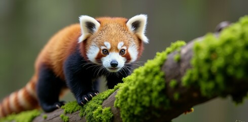 Red Panda Walking on Moss Covered Branch. Wild Life.