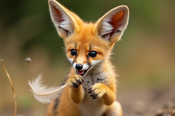 Fototapeta premium Playful Fox Cub with Feather Toy. Wild Life.