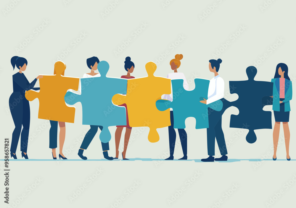 Aufkleber collaborative teamwork concept with people holding puzzle pieces for problem solving and solutions, 