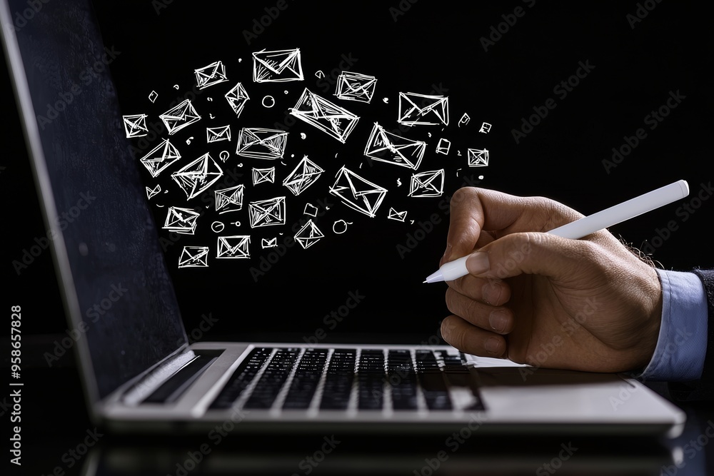 Poster person using laptop to send numerous e-mails or digital newsletters to customers. direct selling pro