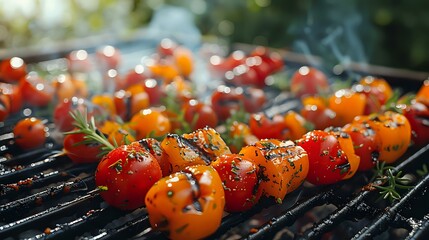  vibrant and appetizing image of grilled vegetable skewers featuring cherry tomatoes and bell peppers, charred to perfection on a barbecue grill. Ideal for themes related to outdoor cooking