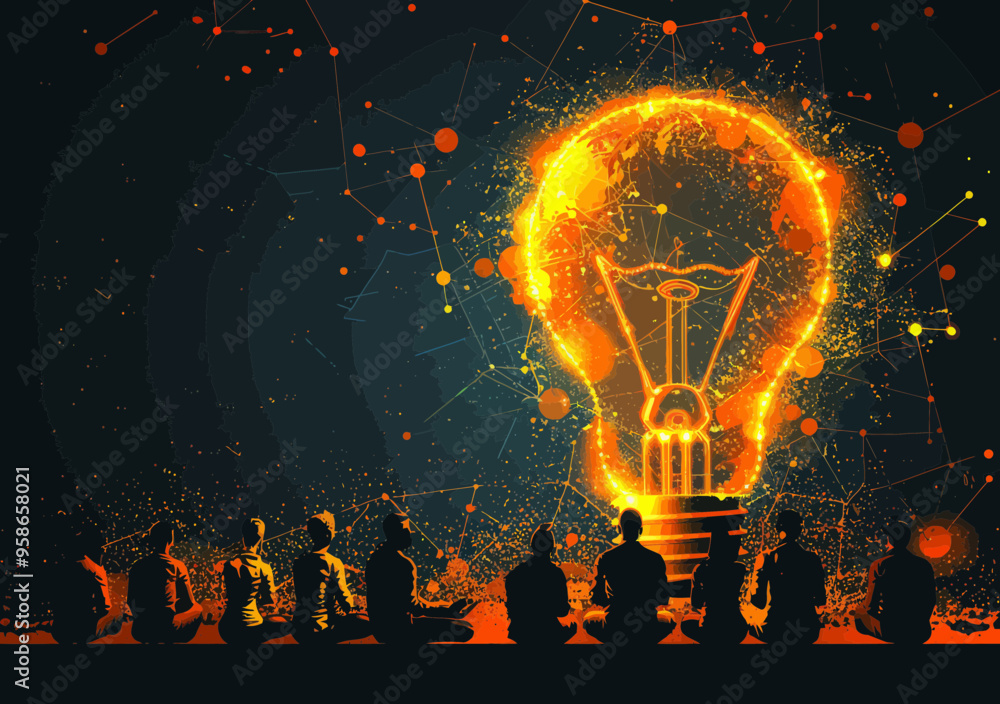 Poster brainstorming session with team discussing new project ideas, light bulb symbolizing innovation and 