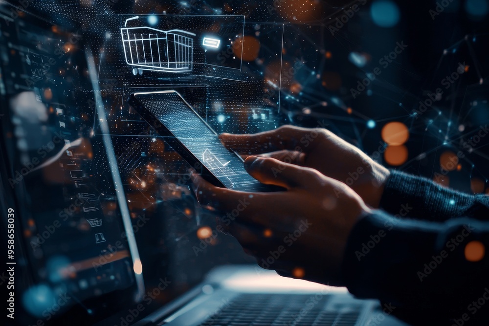 Poster The concept of e-commerce in business is shown by a person using a smartphone and laptop with an icon for an online shopping cart on a virtual screen. The concept includes e-commerce stores, online