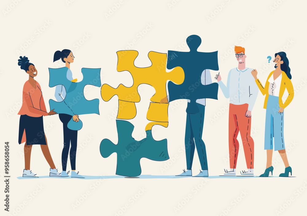 Aufkleber collaborative teamwork in problem solving with puzzle pieces concept, diverse group of people workin