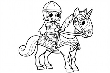 A cheerful young girl of Asian descent riding a unicorn, wearing a knight's armor and helmet, showcasing bravery and adventure.
