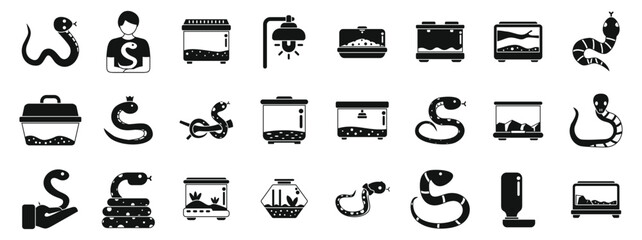 Fototapeta premium Snake pet icons set. Set of black icons representing different species of snakes, snake terrariums, and other equipment used for keeping snakes