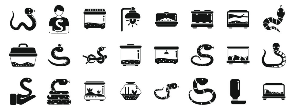 Snake pet icons set. Set of black icons representing different species of snakes, snake terrariums, and other equipment used for keeping snakes
