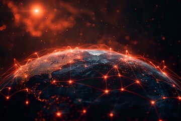 Obraz premium visually striking digital representation of Earth illuminated by interconnected red glowing points, symbolizing global connectivity, communication networks, and technology
