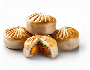 A close-up view of dim sum including various shapes and presentations.