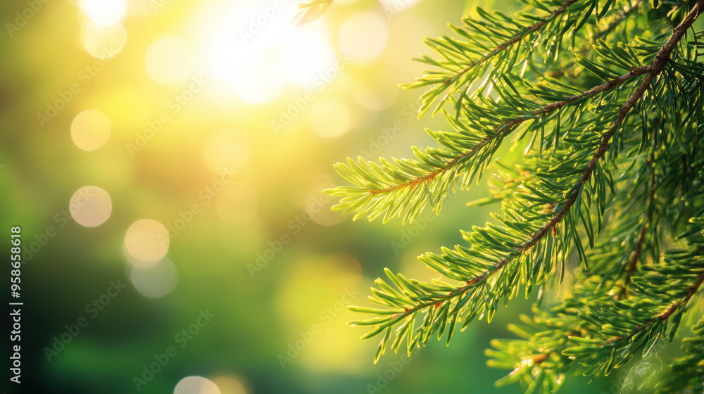 Poster bright and serene close-up of pine tree branches with sunlight filtering through, creating a peacefu