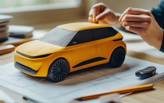 Hands working on a yellow concept car model on a desk with blueprints, showcasing automotive design process and innovation in car manufacturing