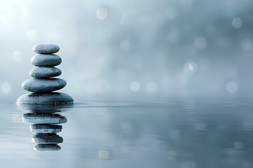 Obraz premium A serene image of stacked stones balanced on water, reflecting tranquility and mindfulness. Perfect for use in wellness, meditation, and relaxation-themed projects.