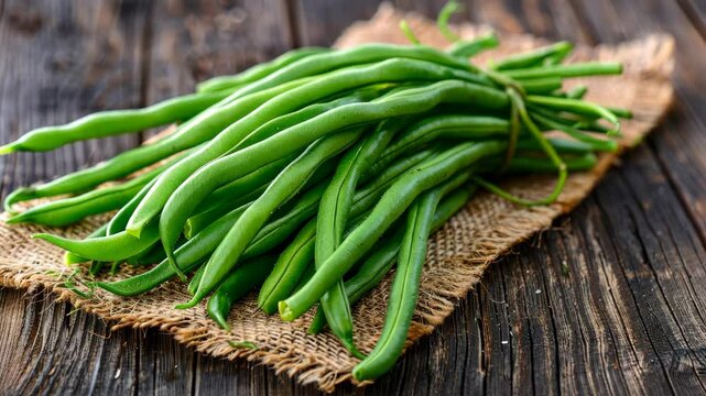 Fresh green beans harvested and arranged on a rustic wooden table