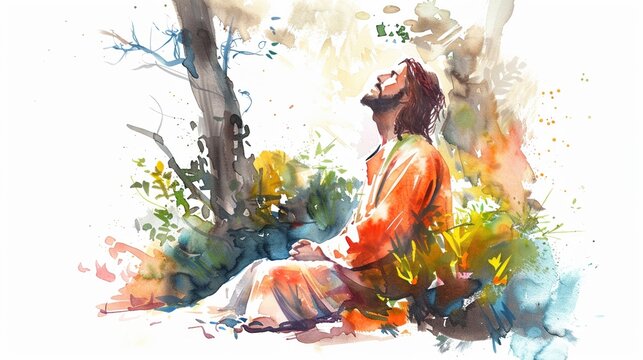 Elegant watercolor of Jesus praying in the Garden of Gethsemane intense and reflective